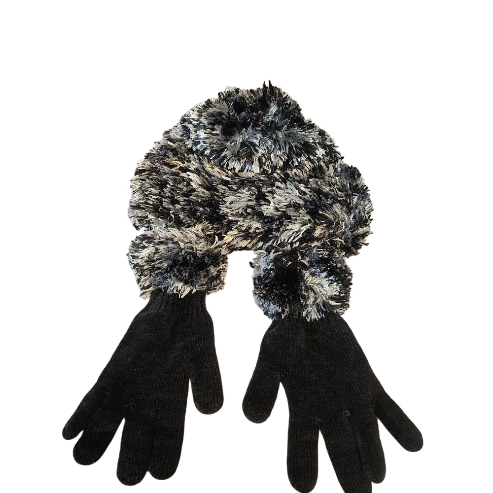 Black and Gray Knit Scarf and Gloves Set